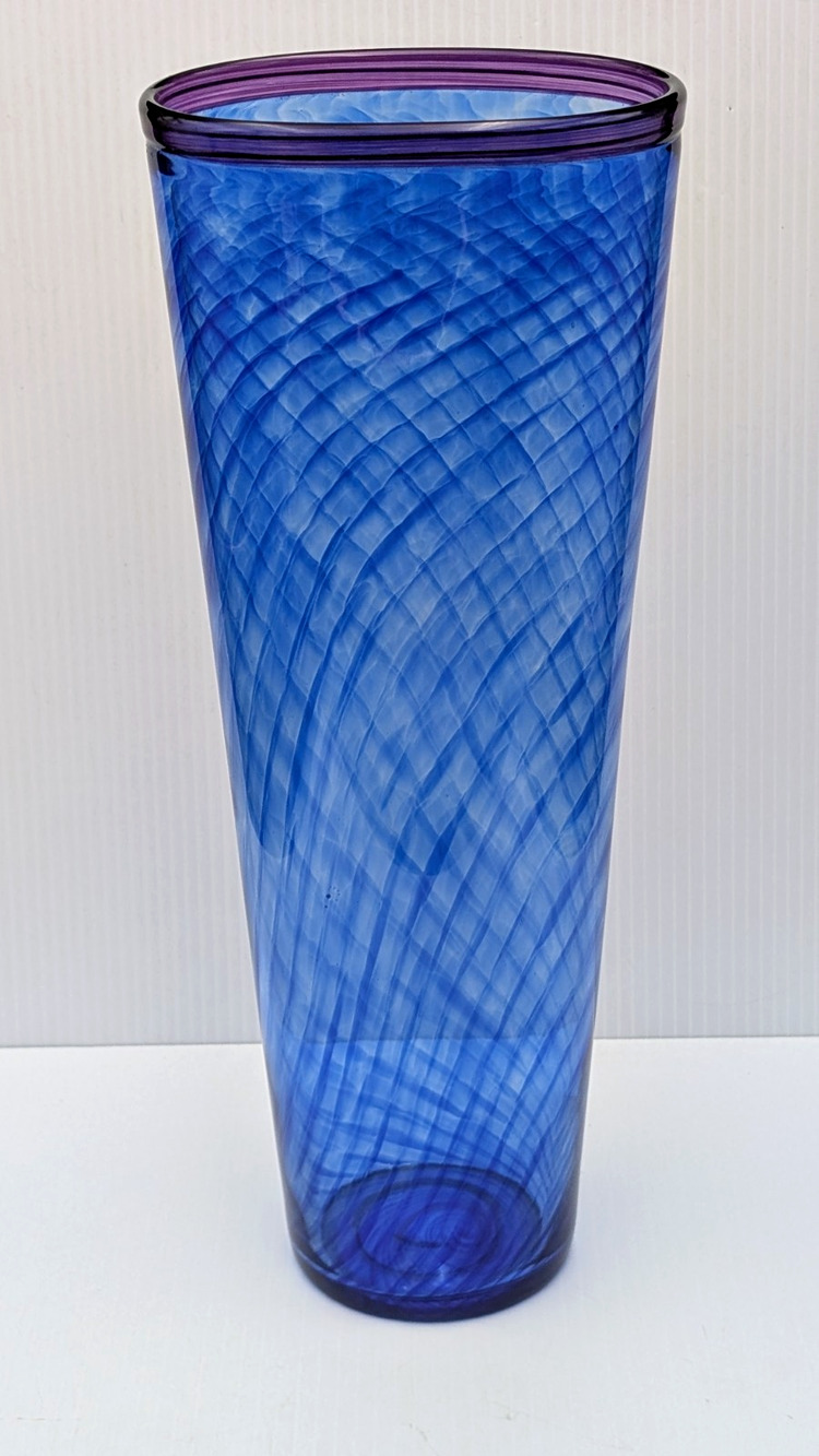 Curtiss Brock Studio CB Glass Blue Purple Spiral Swirl Optic Vase 14.25" Signed